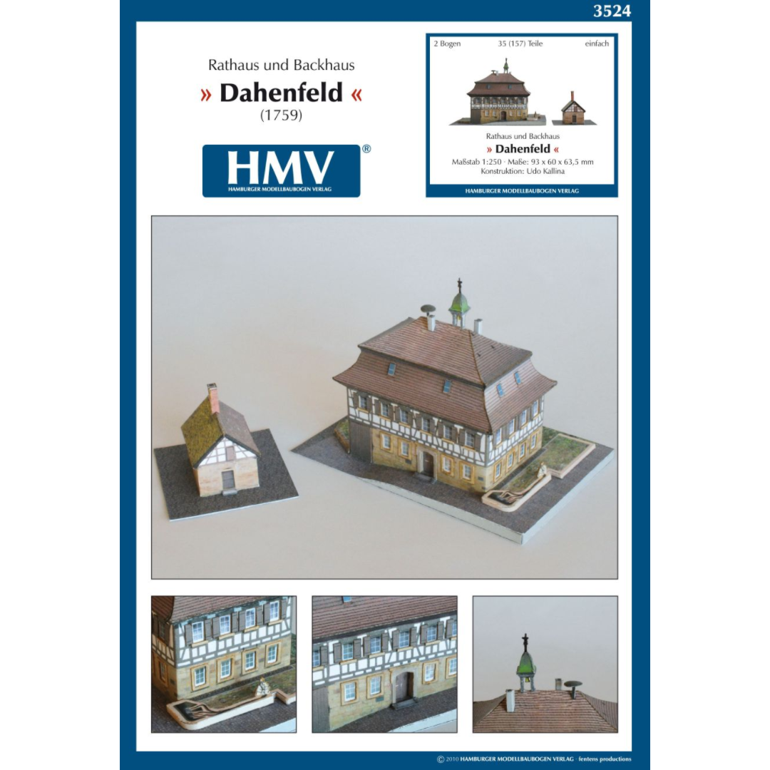 Photo of the Town Hall and Baking House Dahenfeld card model kit from HMV Publishing showing detailed paper architecture and realistic textures.
