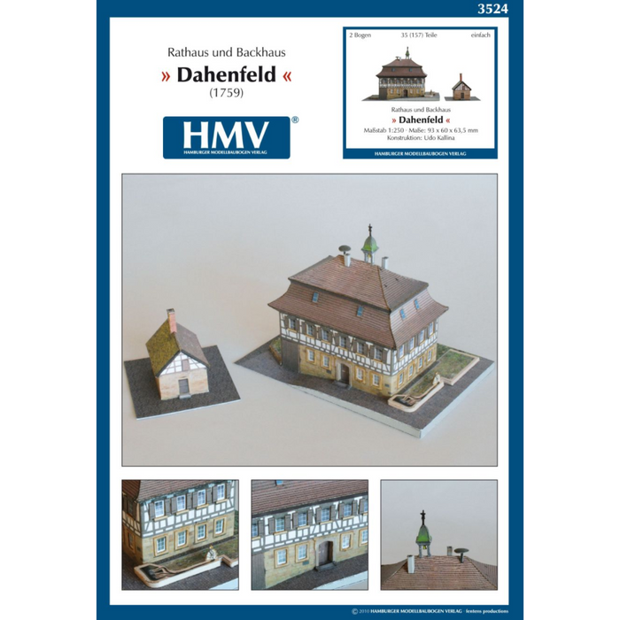 Photo of the Town Hall and Baking House Dahenfeld card model kit from HMV Publishing showing detailed paper architecture and realistic textures.