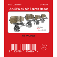 Photo of AN/SPS-49 Air Search Radar 1/350 scale 3D printed resin model set by HS Model HSM-U350069S showing detailed parts and four base types