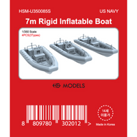 Photo of 7m Rigid Inflatable Boat 1/350 scale resin model set by HS Model HSM-U350085S showing 4 boats in three types.
