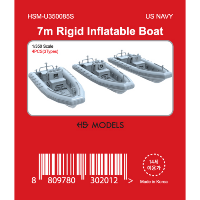 Photo of 7m Rigid Inflatable Boat 1/350 scale resin model set by HS Model HSM-U350085S showing 4 boats in three types.