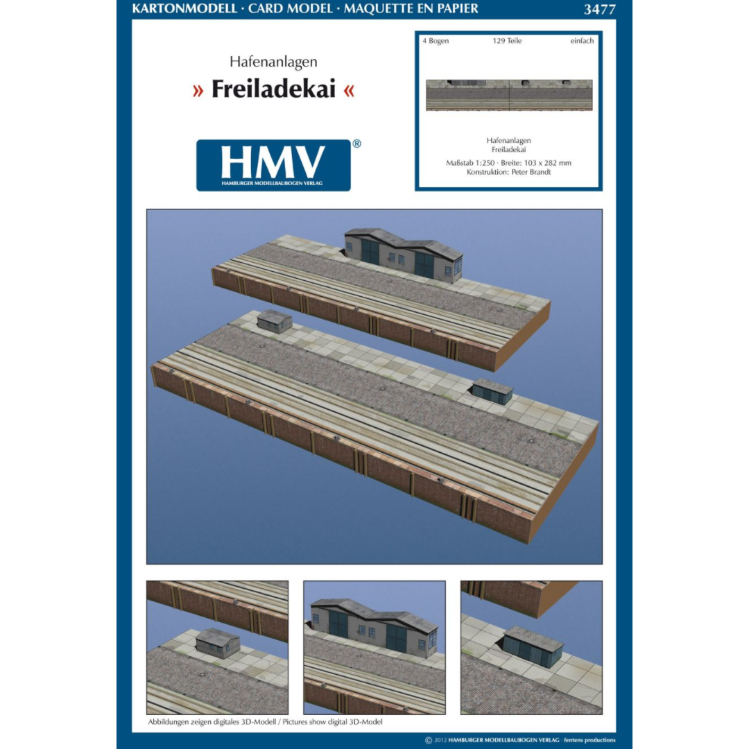 Photo of HMV Port Facility Loading Dock Card Model Kit 1/250 showing two detailed dock modules with sheds and cargo