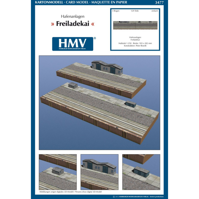 Photo of HMV Port Facility Loading Dock Card Model Kit 1/250 showing two detailed dock modules with sheds and cargo