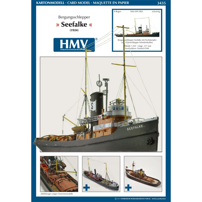 Photo of the HMV card model kit of the 1924 salvage tug Seefalke in 1:250 scale with trawler Lappland and tug Scheelenkuhlen.