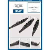Photo of HMV Harbor Torpedo Boat S33–S35 card model kit in 1/250 scale with detailed paper parts and diorama pier.