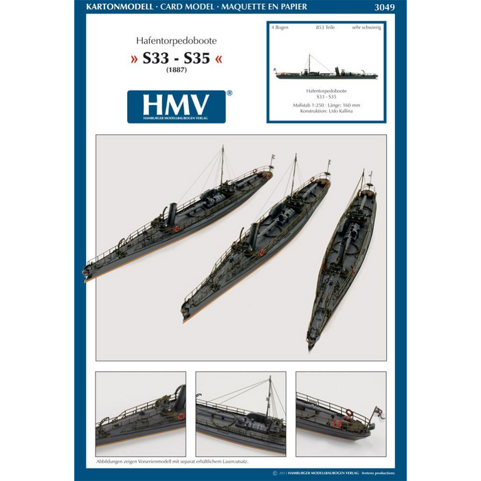 Photo of HMV Harbor Torpedo Boat S33–S35 card model kit in 1/250 scale with detailed paper parts and diorama pier.