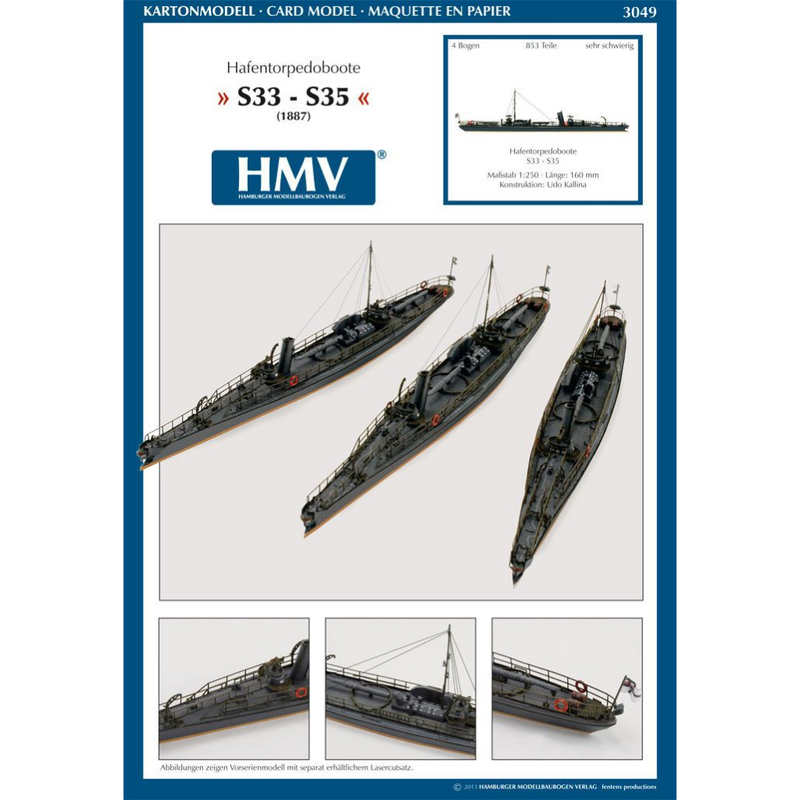 Photo of HMV Harbor Torpedo Boat S33–S35 card model kit in 1/250 scale with detailed paper parts and diorama pier.