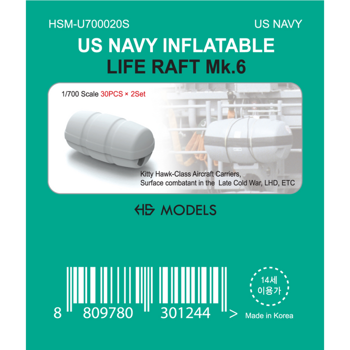 Photo of US Navy Inflatable Life Raft Mk.6 1:700 scale resin model set by HS Model, showing detailed 3D printed rafts for Late Cold War naval ships.
