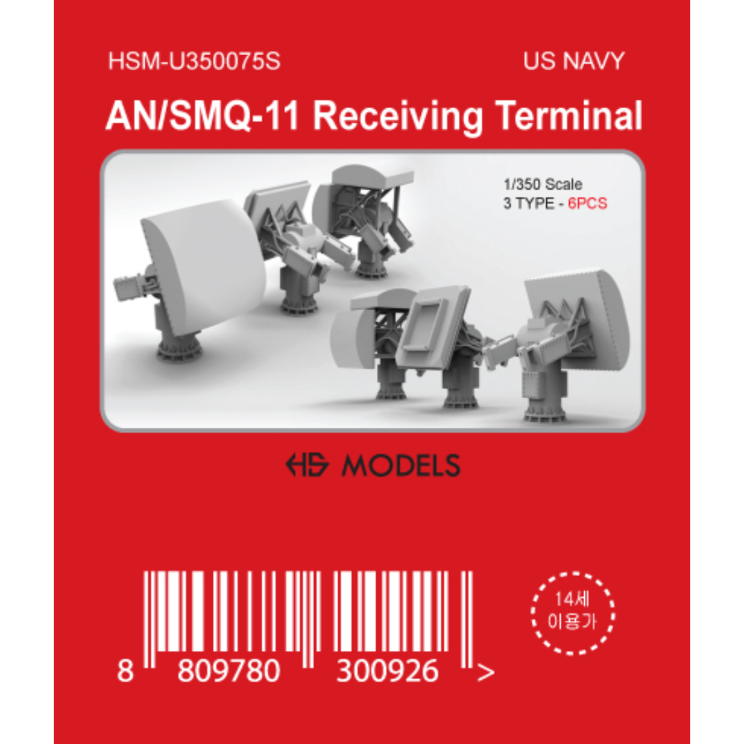 Photo of AN/SMQ-11 Receiving Terminal 1/350 scale resin set by HS Model HSM-U350075S showing six detailed parts in three types