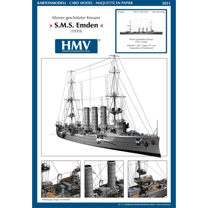 Photo of HMV SMS Emden 1914 Paper Model Kit 1/250 scale with detailed hull, bridge interior, and masts