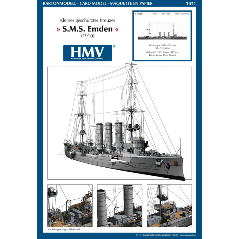 Photo of HMV SMS Emden 1914 Paper Model Kit 1/250 scale with detailed hull, bridge interior, and masts