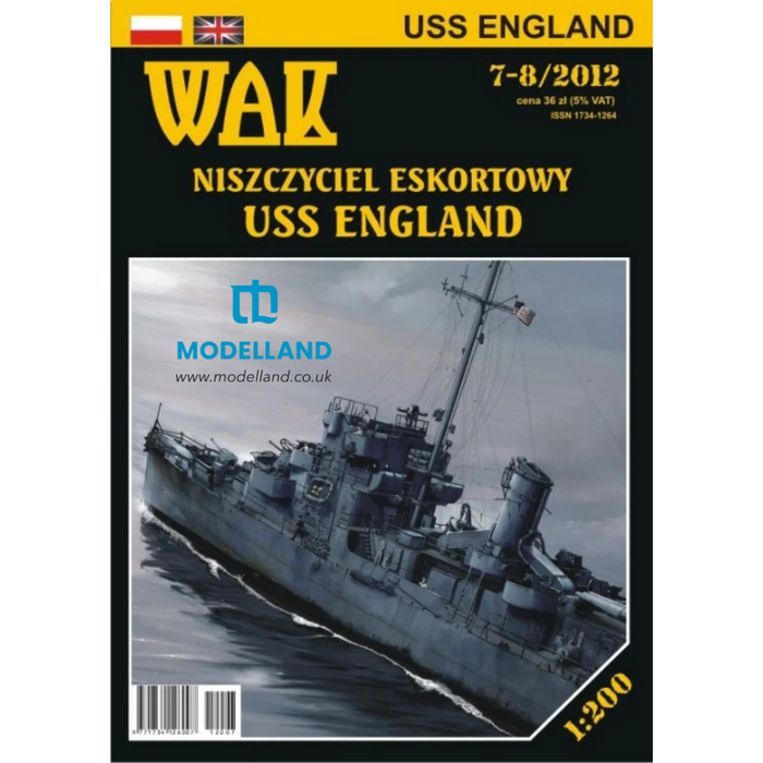 Front cover of the WAK model ship magazine USS England issue 36/2012, featuring a large grayscale photo of a military warship on the cover and prominent yellow title text on a black background.