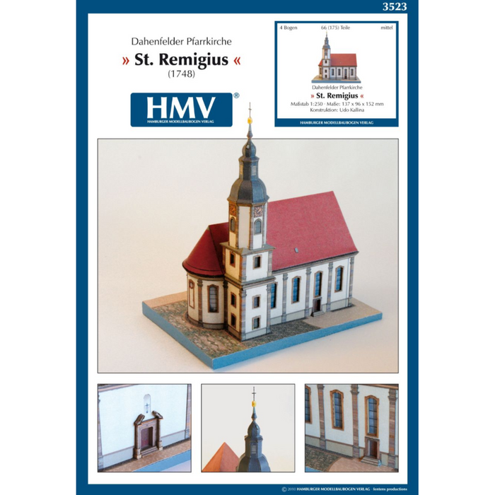 Photo of the Church St. Remigius Dahenfeld card model kit by HMV in 1/250 scale, showing detailed paper construction of the historic German church.