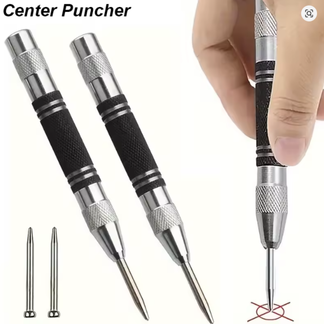 Photo of automatic center punch with hardened chrome vanadium tip and spring-loaded mechanism for metal and wood marking