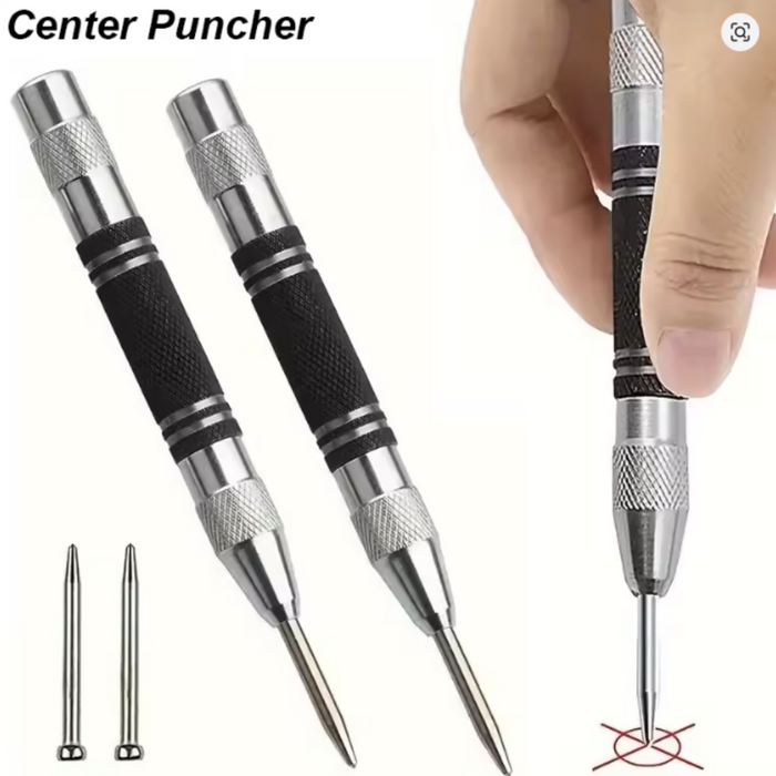 Photo of automatic center punch with hardened chrome vanadium tip and spring-loaded mechanism for metal and wood marking
