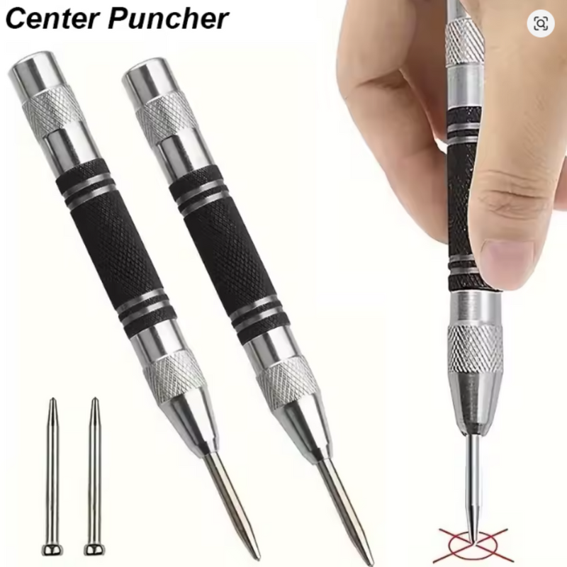 Photo of automatic center punch with hardened chrome vanadium tip and spring-loaded mechanism for metal and wood marking