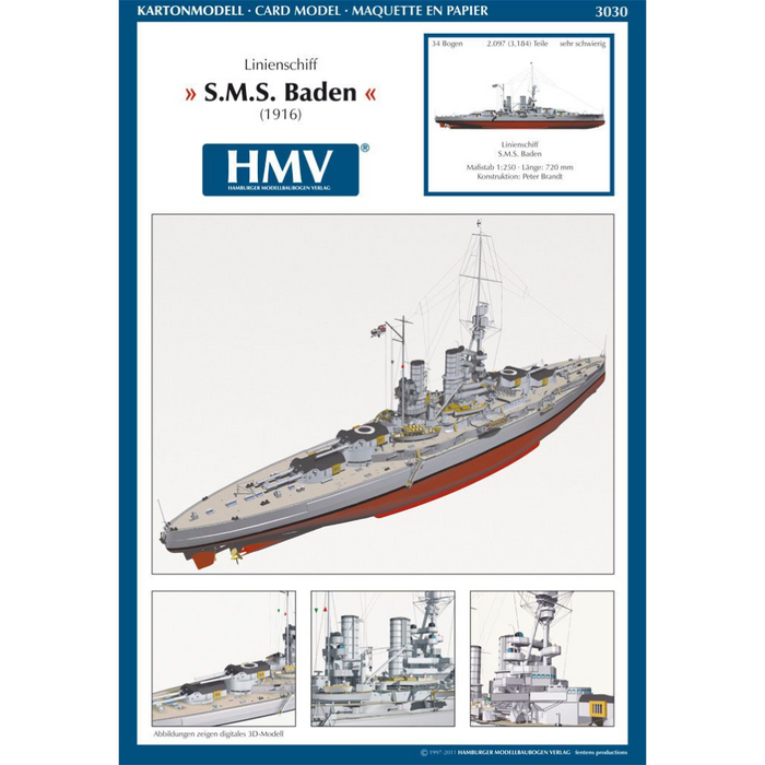 Photo of HMV SMS Baden card model kit in 1/250 scale, detailed paper model battleship of the German Imperial Navy, full hull and waterline version.