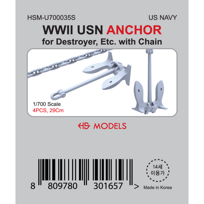 Photo of WWII US Navy Anchor set for destroyer model in 1:700 scale, including 4 resin anchors and printed chain by HS Model