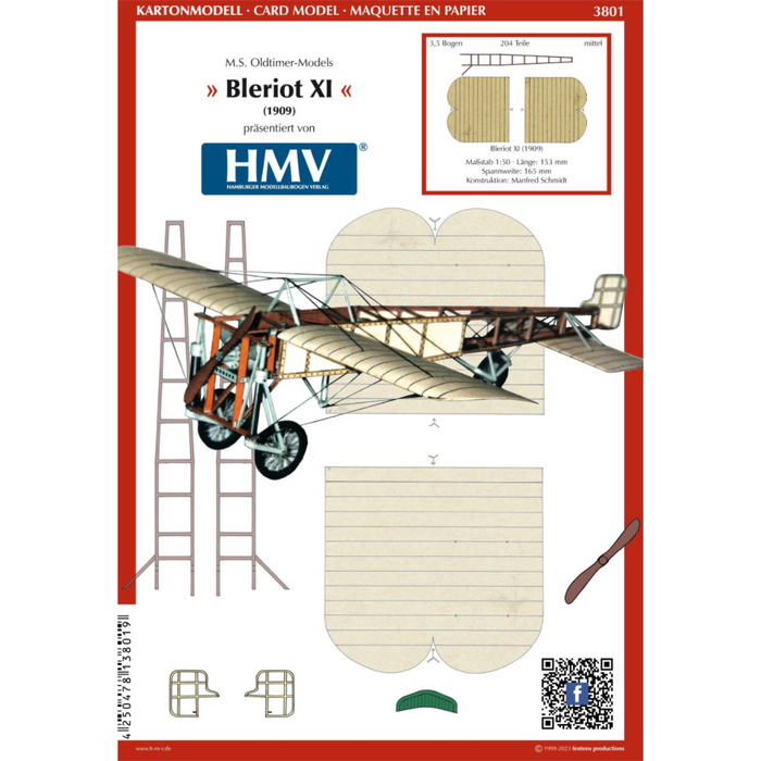 Photo of HMV M.S. Oldtimer-Models Blériot XI 1909 paper model kit designed by Manfred Schmidt in 1:50 scale, showing the detailed vintage airplane.