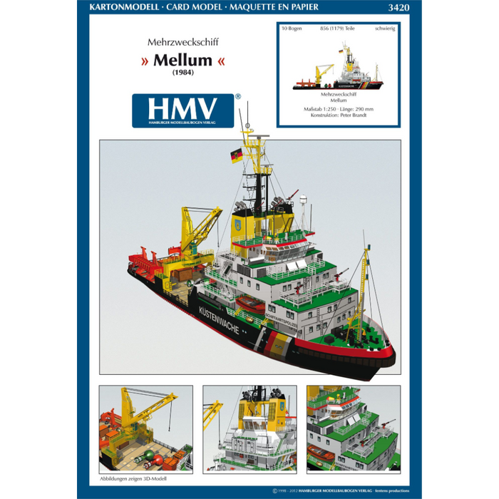 Photo of the HMV Multipurpose Vessel Mellum card model kit in 1:250 scale, showing detailed superstructure, movable crane, and coast guard equipment