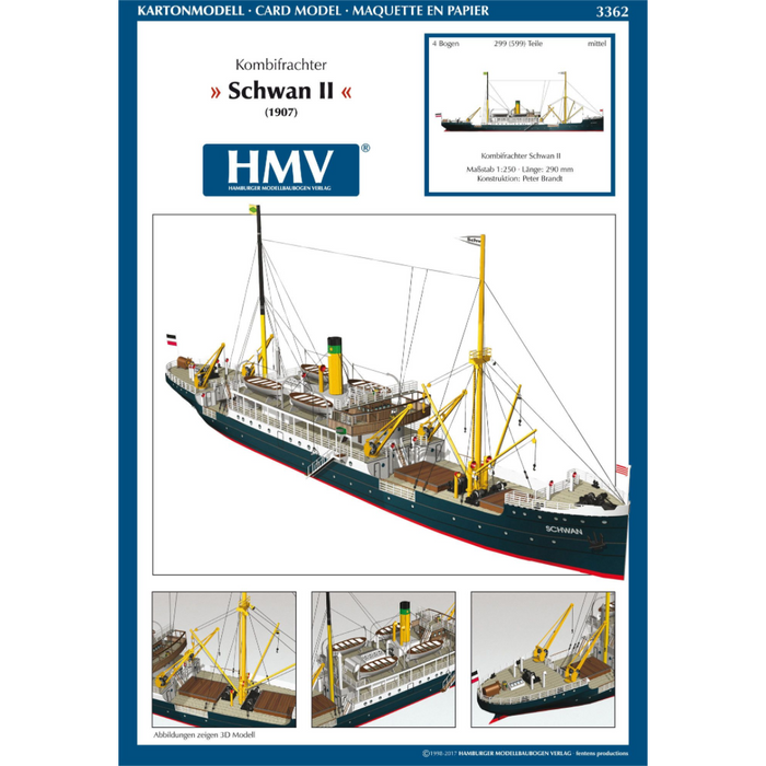 Photo of HMV Steamer Schwan II card model kit 1:250 showing detailed paper parts and assembled model of the 1907 German passenger and freight ship.