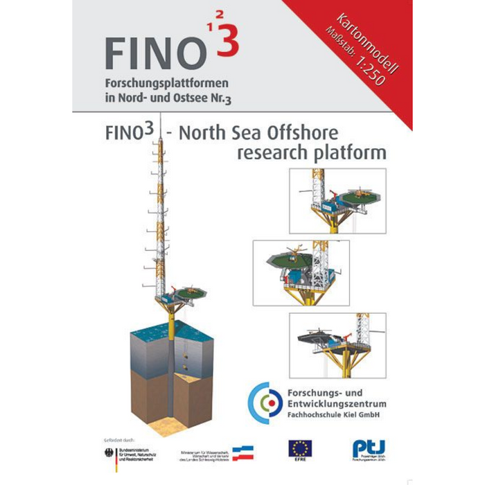 Photo of HMV Research Platform FINO 3 paper model kit in 1:250 scale with helicopter and ocean base
