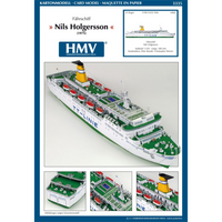Photo of HMV TT-Line Ferry Nils Holgersson / Peter Pan 1:250 scale paper model kit by HMV, showing detailed decks, lifeboats, and ferry structure.