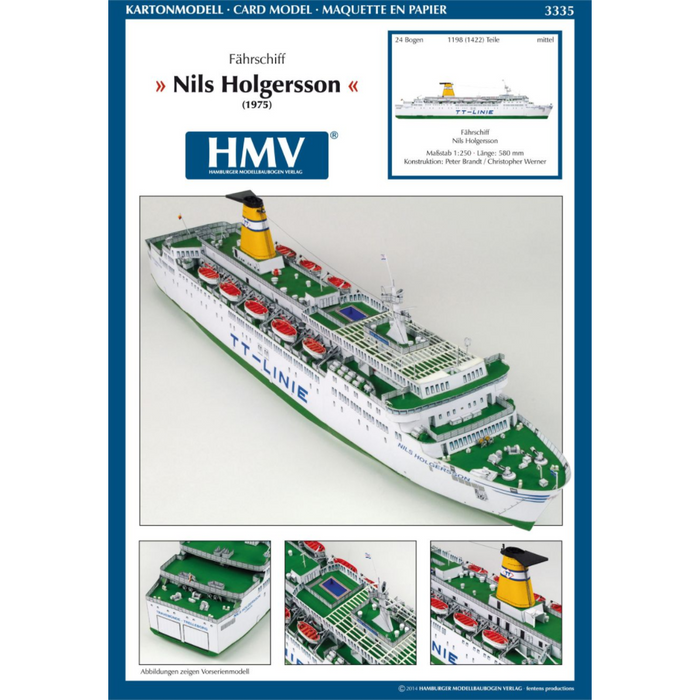 Photo of HMV TT-Line Ferry Nils Holgersson / Peter Pan 1:250 scale paper model kit by HMV, showing detailed decks, lifeboats, and ferry structure.