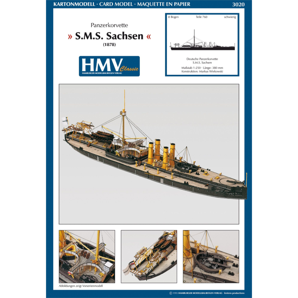 Photo of HMV SMS Sachsen 1:250 scale card model kit by HMV, detailed German ironclad warship papermodel with 760 parts.