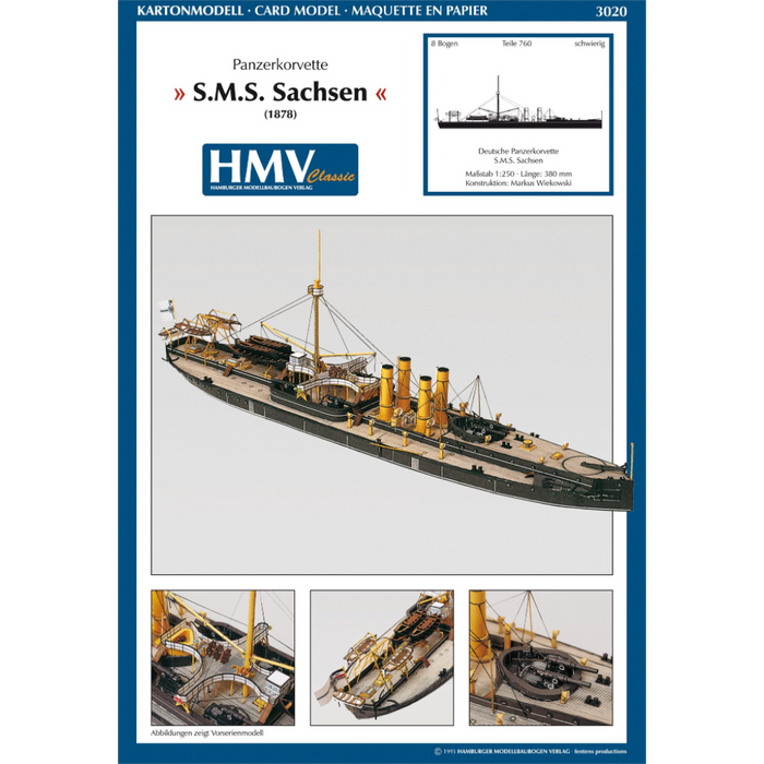 Photo of HMV SMS Sachsen 1:250 scale card model kit by HMV, detailed German ironclad warship papermodel with 760 parts.