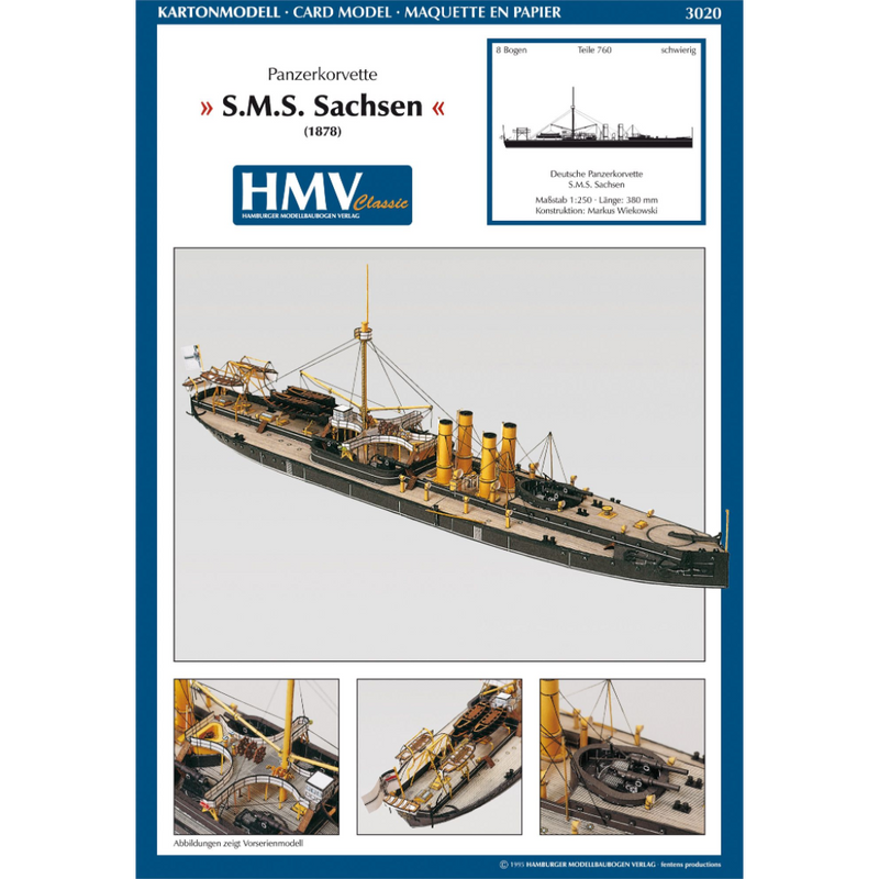 Photo of HMV SMS Sachsen 1:250 scale card model kit by HMV, detailed German ironclad warship papermodel with 760 parts.