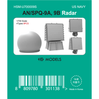 Photo of 1:700 scale AN/SPQ-9A and 9B radar set, 3D printed resin parts by HS Model (HSM-U700009S), showing 8 detailed radar pieces.