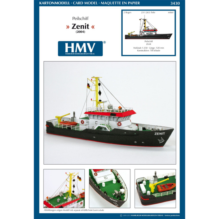 Photo of HMV Survey Vessel Zenit 1/250 paper model kit showing detailed bridge, mast, and deck equipment