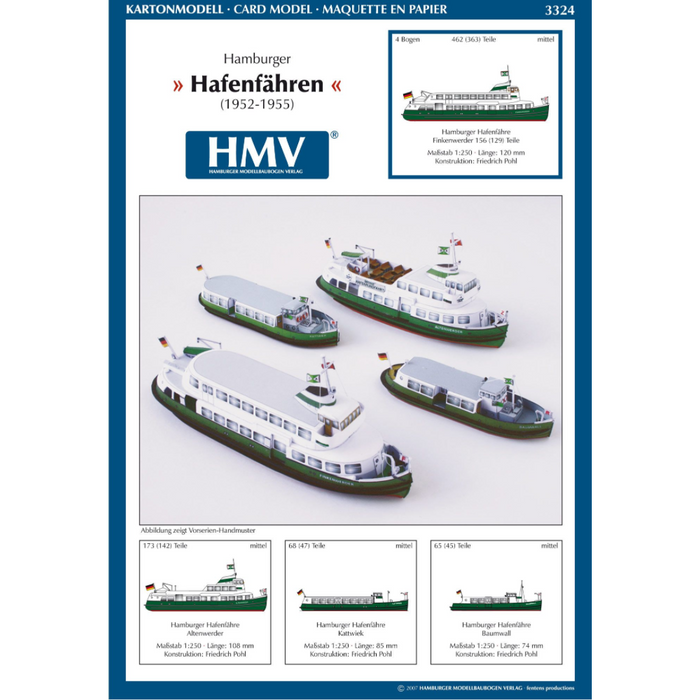 Photo of HMV Hamburg Harbor Ferries 1952–1955 1:250 card model kit with four detailed ferry models: Finkenwerder, Altenwerder, Kattwiek, and Baumwall.