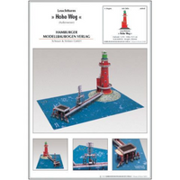 Photo of HMV Hohe Weg Aussenweser Lighthouse 1:250 card model kit showing detailed paper parts, wind semaphore, and water base.