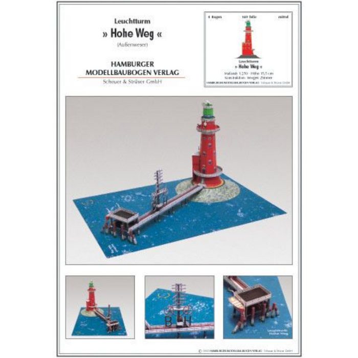 Photo of HMV Hohe Weg Aussenweser Lighthouse 1:250 card model kit showing detailed paper parts, wind semaphore, and water base.
