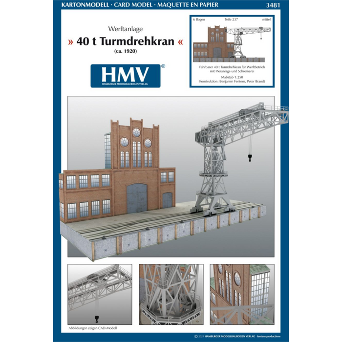 Photo of HMV 1/250 scale 40-ton Tower Crane Card Model Kit showing detailed shipyard crane and foundry building