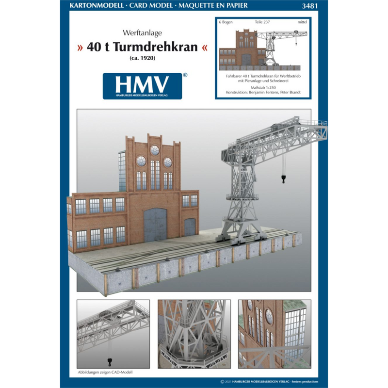 Photo of HMV 1/250 scale 40-ton Tower Crane Card Model Kit showing detailed shipyard crane and foundry building