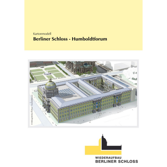 Photo of the HMV Berlin Palace 1/400 paper model kit showing detailed architectural parts and packaging.