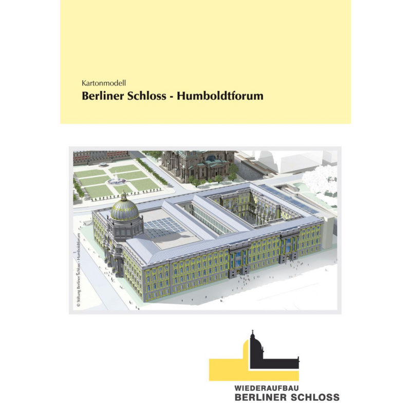 Photo of the HMV Berlin Palace 1/400 paper model kit showing detailed architectural parts and packaging.