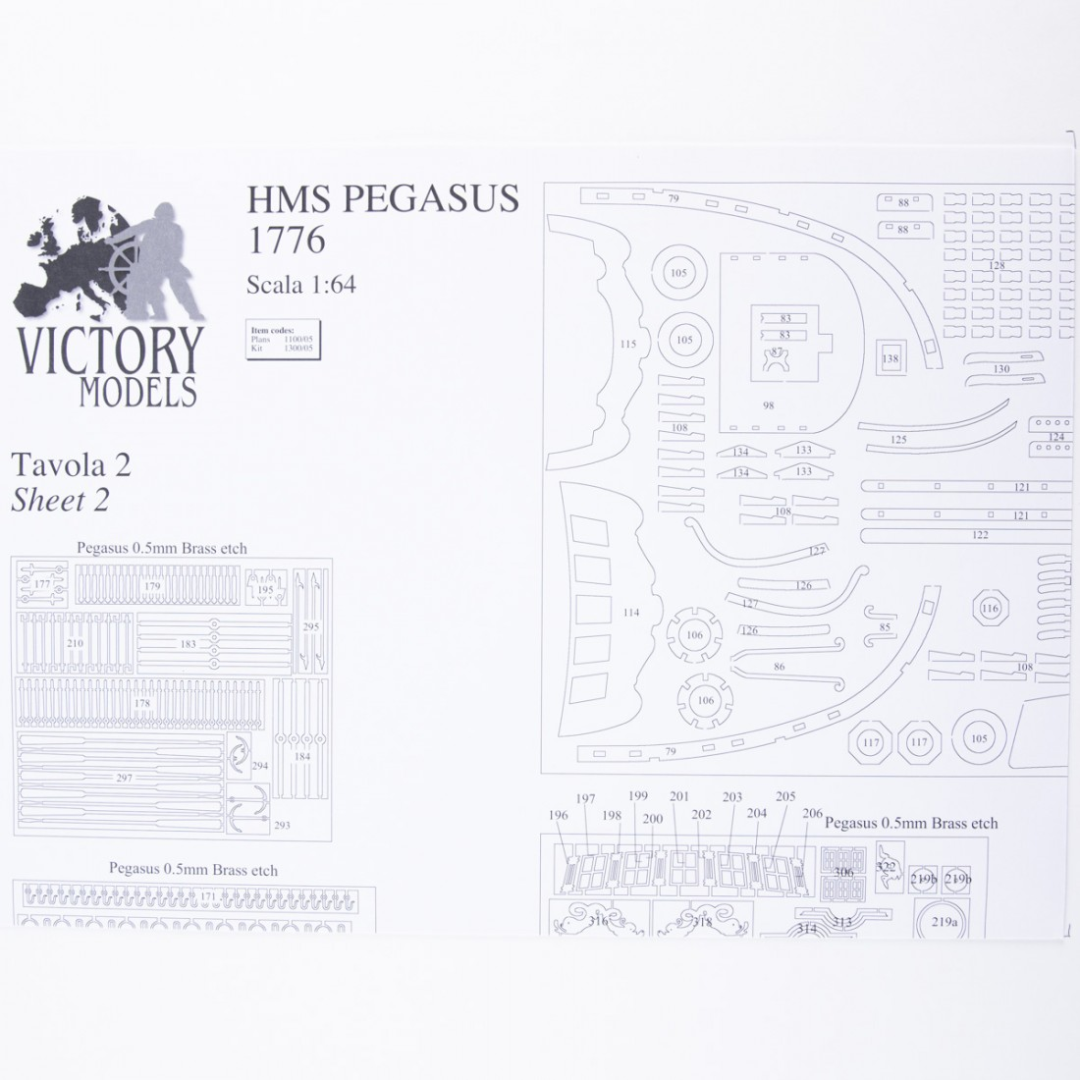 Photo of H.M.S. Pegasus 1776 construction plans by Amati in 1:64 scale, showing detailed ship drawings and rigging diagrams.