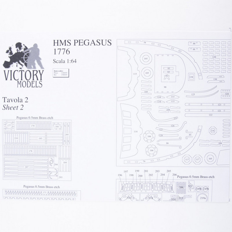 Photo of H.M.S. Pegasus 1776 construction plans by Amati in 1:64 scale, showing detailed ship drawings and rigging diagrams.