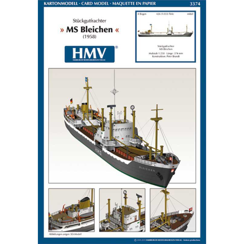 Photo of HMV card model kit Cargo Freighter MS Bleichen 1/250 scale with detailed papercraft parts and instructions