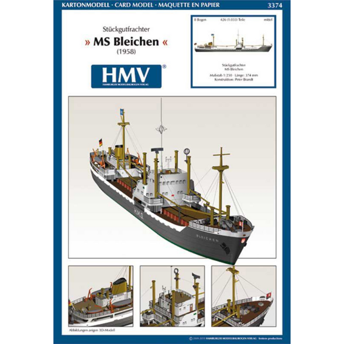 Photo of HMV card model kit Cargo Freighter MS Bleichen 1/250 scale with detailed papercraft parts and instructions