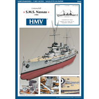 Photo of HMV S.M.S. Nassau paper model kit 1/250 scale battleship card model with detailed hull, turrets, and display stand
