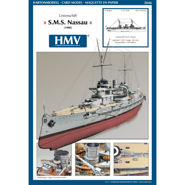 Photo of HMV S.M.S. Nassau paper model kit 1/250 scale battleship card model with detailed hull, turrets, and display stand