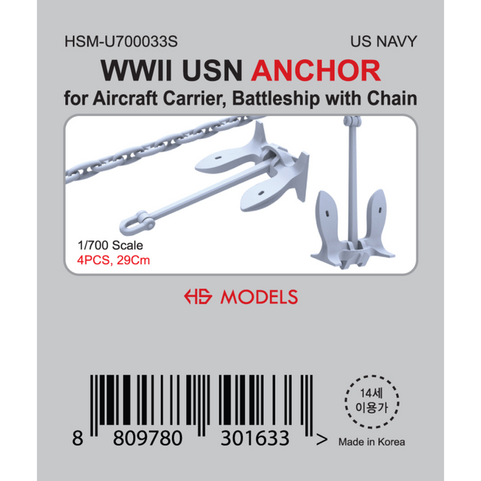 Photo of WWII US Navy 1:700 scale resin anchors with printed chain for aircraft carrier and battleship models