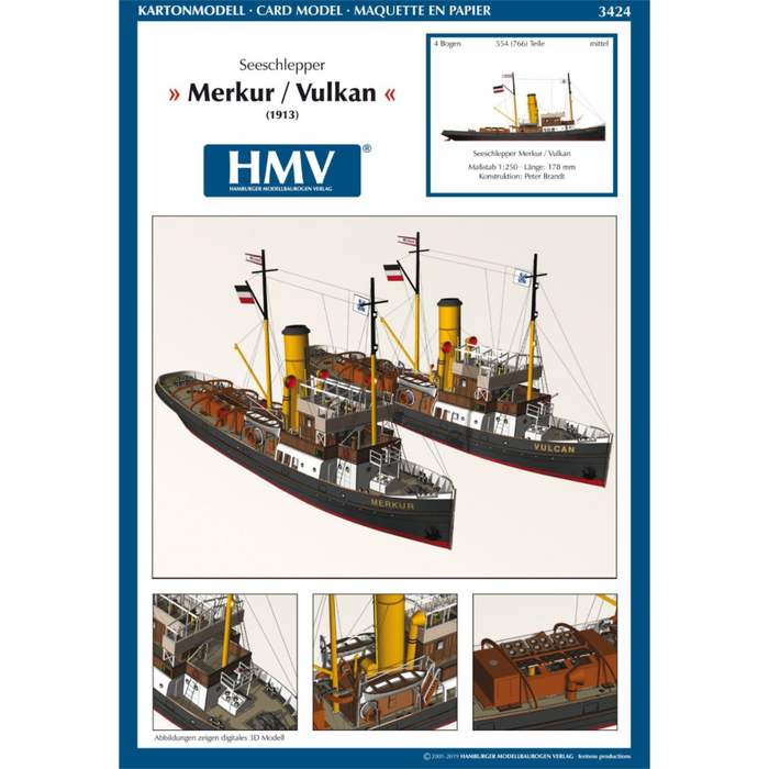 Photo of HMV Merkur and Vulkan 1/250 scale tugboat card model kit showing detailed steam tugs with printed parts and maritime accessories.