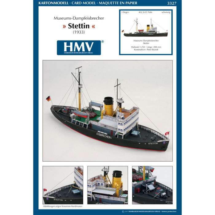Photo of HMV Steam Icebreaker STETTIN card model kit 1:250 showing detailed paper model of the German museum ship with masts, rigging, and bridge interior