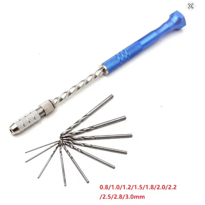 Photo of semi-automatic aluminium hand drill with HSS twist drill bits 0.8mm to 3mm for modelling and crafts